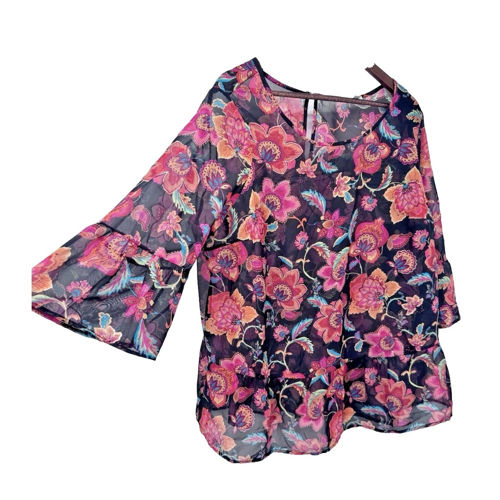 Chenault Sheer Bell Sleeve‎ Chiffon dark floral blouse plus 1x fairy grunge boho